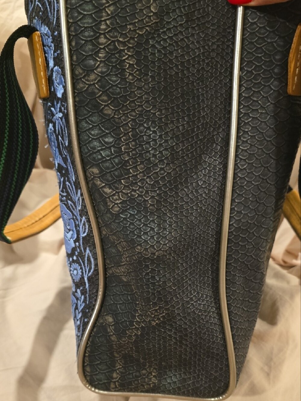 Consuela Black Tote with Light Blue Floral Embroidery and Tan Accents - Picture 5 of 10